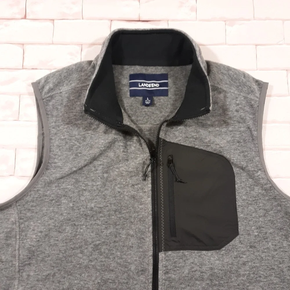 Lands' End Vest Mens Size Large Full Zip Gray Outdoor Travel Fleece Pockets